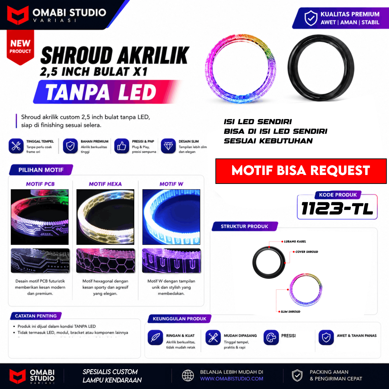 SHROUD BULAT X1 2.5 INCH TANPA LED BAHAN CUSTOM MOTIF BISA REQUEST 