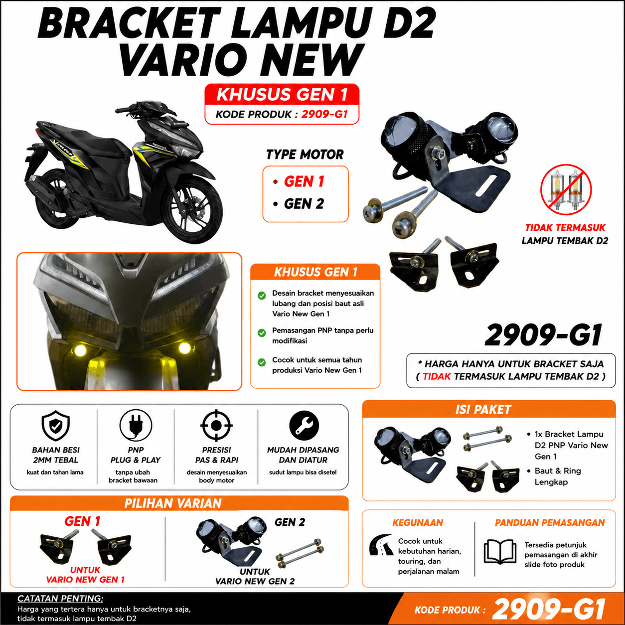 BRACKET LAMPU TEMBAK D2 VARIO NEW GEN 1