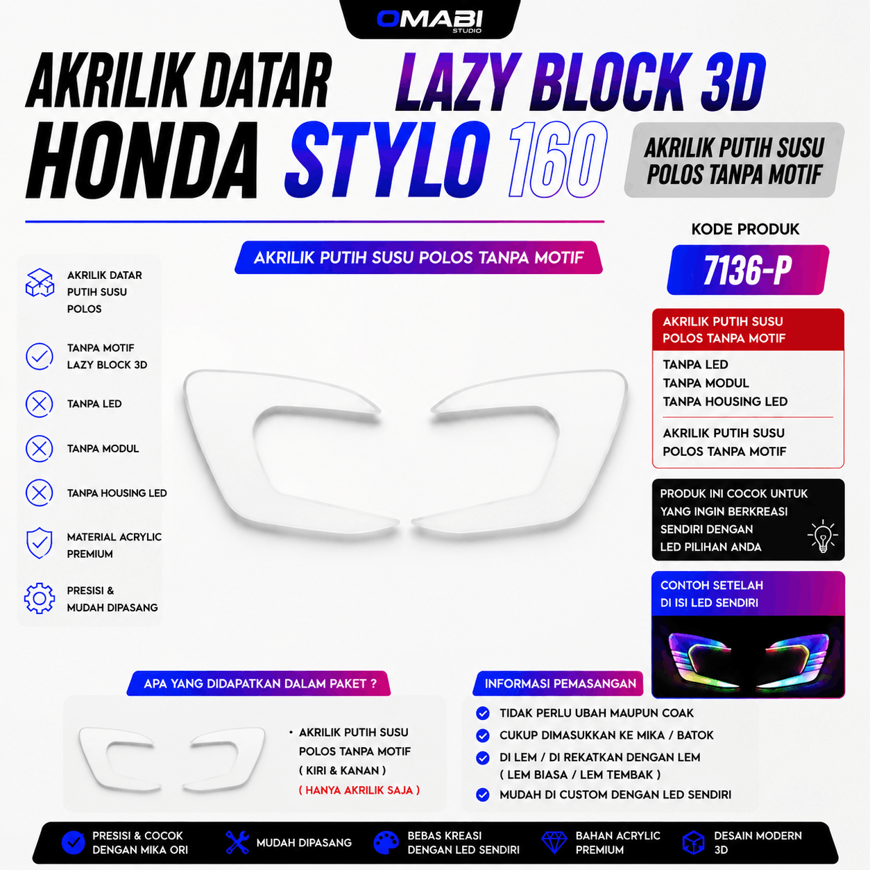 AKRILIK POLOS SEIN DEPAN CUSTOM LAZY STYLO ( PUTIH SUSU )