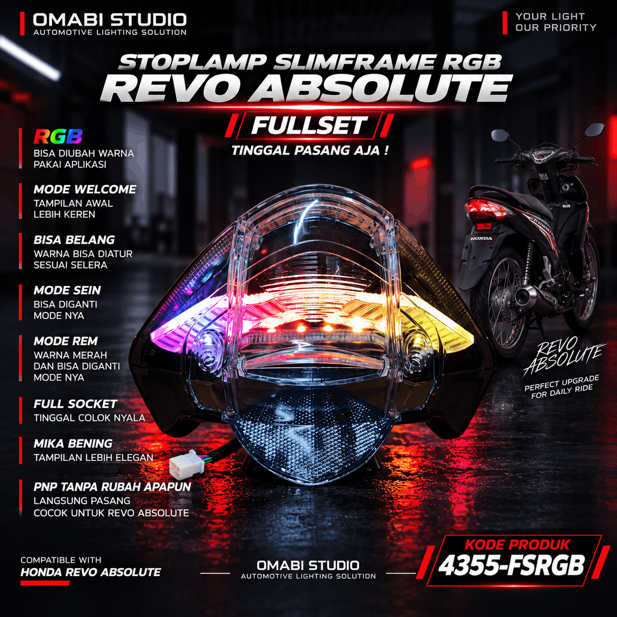 STOPLAMP SLIMFRAME HONDA REVO ABSOLUTE V1 RGB CUSTOM PNP FULL SOCKET SETTING WARNA MODE