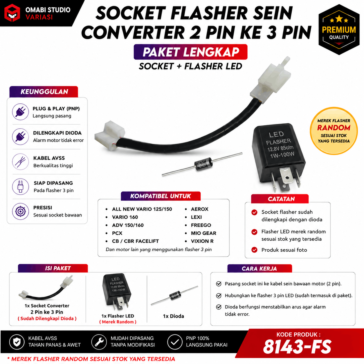 PAKET FLASHER LED  + SOCKET 3 PIN + DIODA UNTUK MOTOR HONDA