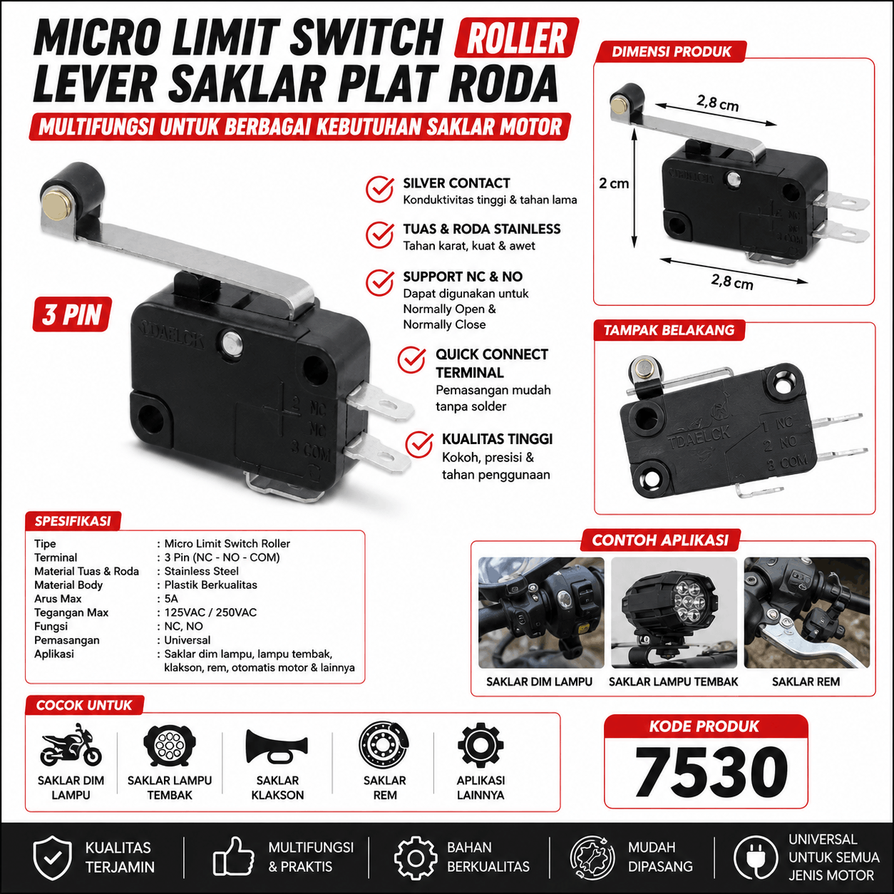 MICRO LIMIT SWITCH ROLLER GAGANG RODA MULTIFUNGSI UNTUK SAKLAR LAMPU TEMBAK TANPA KABEL