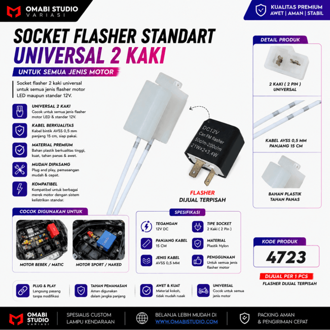 SOCKET FLASHER MOTOR 2 KAKI UNIVERSAL COCOK UNTUK FLASHER LED & STANDAR 12 V