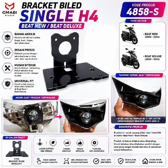 BRACKET BILED SINGLE H4 BEAT NEW BAHAN AKRILIK 