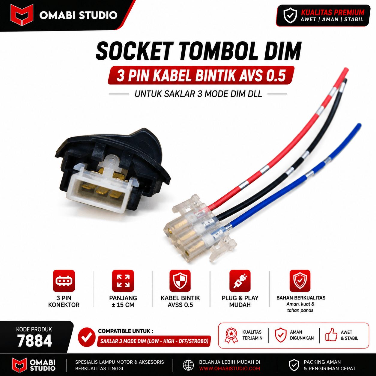 SOCKET TOMBOL DIM 3 PIN KABEL BODY