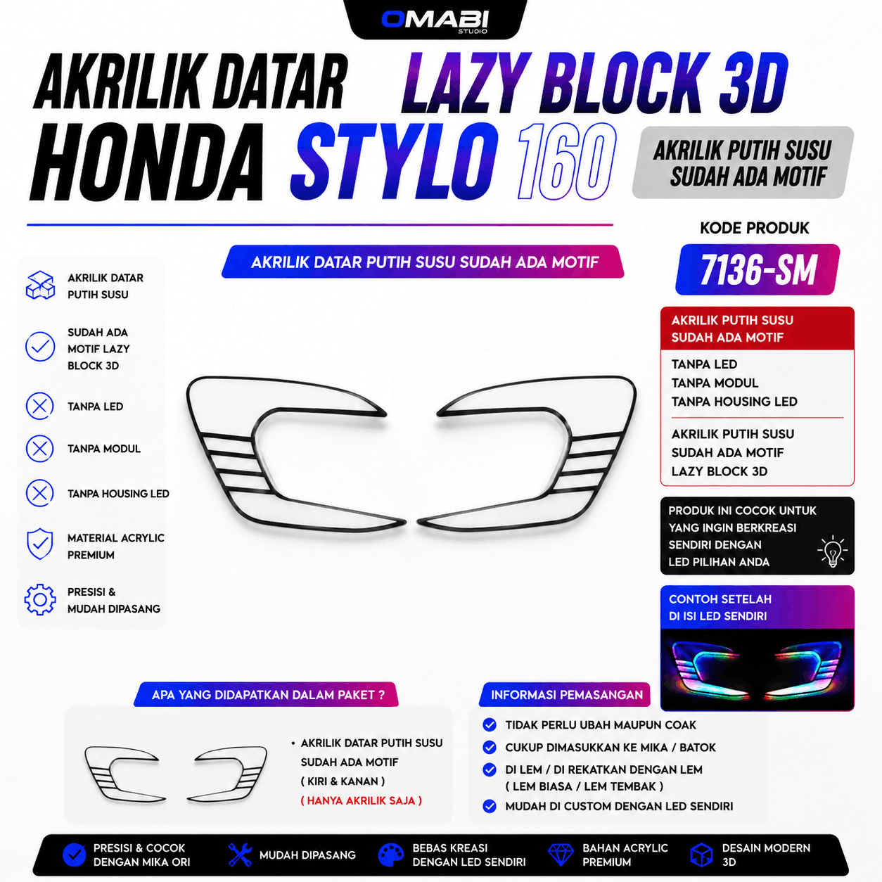 AKRILIK MOTIF CUSTOM SEIN DEPAN STYLO ( PUTIH SUSU )